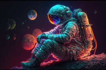 Obraz na płótnie Canvas A neon-colored astronaut seated on the surface of the moon, with the stars and planets visible in the background, creates a visually stunning. AI.