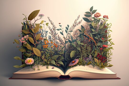 The flowers growing out of an open book, with vibrant petals and leaves sprouting from the pages. Generative AI
