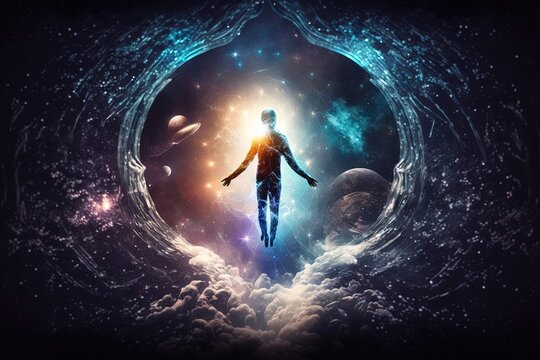 Abstract representation of a human soul, set against a cosmic backdrop. Generative AI