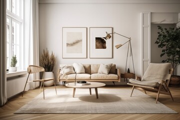 Mockup frame in a Scandinavian style living room,. Generative AI