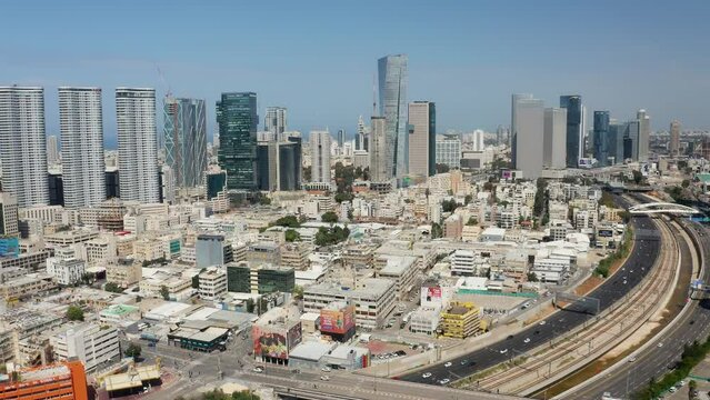 Tel Aviv skyline aerial drone view business city center 4k, Israel 