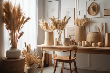 Overlooking a living area with rattan furniture and potted plants, modern timber interior design, a white table top or shelf with straws, dry plants, an ornament, ears, a sheaf, and a branch in a vase