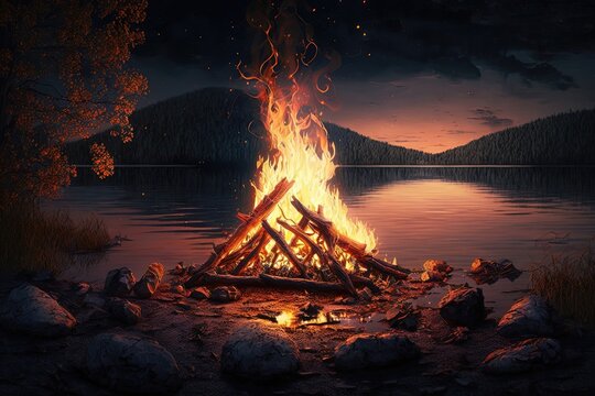A fire burning brightly near a serene lake, with the flames illuminating the dark night, creates a visually captivating and cozy image that evokes a sense of warmth and comfort. AI.