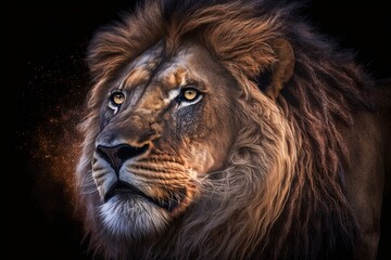 A close-up view of a lion's face, showing its majestic features and powerful presence, creates a visually captivating and awe-inspiring image that evokes a sense of strength and beauty. AI.
