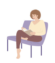 Fototapeta na wymiar Girl reading book sitting on chair, isolated on white background. Flat style. Vector illustration