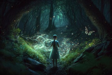 Obraz premium A young girl in a magical forest. The forest is filled with tall trees and lush greenery, creating a mystical and enchanting atmosphere. Generative AI