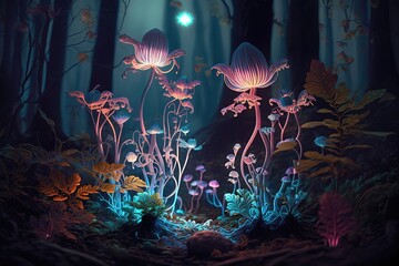 Fototapeta na wymiar Fantasy forest with luminescent plants. The forest is shrouded in a mystical aura, with tall trees and lush greenery. Generative AI