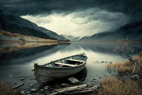 A small boat on a serene lake. The water is calm and reflects the surrounding trees and sky. Generative AI