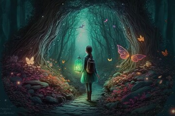 Obraz premium A young girl in a magical forest surrounded by glowing fireflies. The forest is filled with tall trees and lush greenery, creating a mystical and enchanting atmosphere. Generative AI