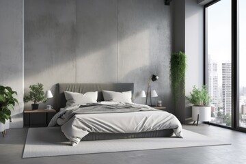 Interior of a grey bedroom with a bed, nightstand, and toilet with a plant on a grey concrete floor. a panoramic window with a view of Singapore. Poster mockup with copy space,. Generative AI