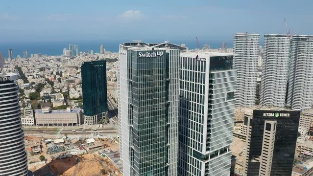 Tel Aviv skyline aerial drone view business city center 4k, Israel 