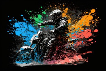 A person riding a motorcycle in an aqua-colored watercolor style. The person is shown in motion, with the wind blowing. Generative AI