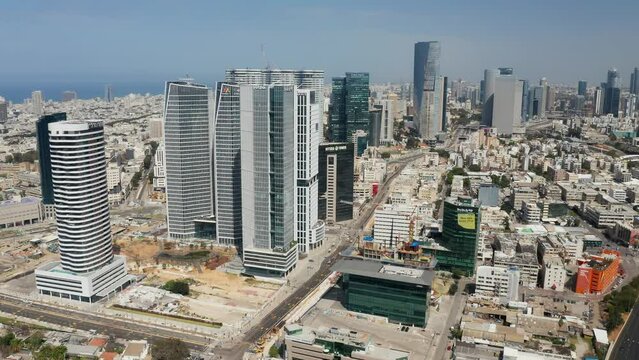 Tel Aviv skyline aerial drone view business city center 4k, Israel 