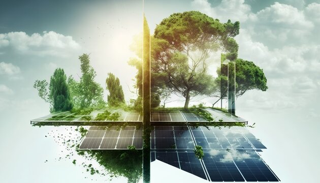 Sunny sky over solar panels and green trees, showcasing clean energy and sustainable development in harmony with nature. Innovative and eco friendly solution for a carbon neutral future. Generative AI