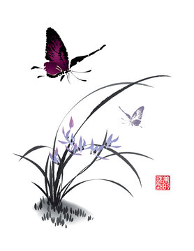Butterflies flutter over Orchid flowers. Vector illustration in traditional oriental style. Text - "Perception of Beauty".