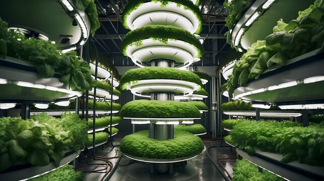 Innovative vertical farm with LED grow lights, showcasing sustainable agriculture and urban farming revolution. Advanced hydroponics and automated systems ensure energy efficiency. Generative AI