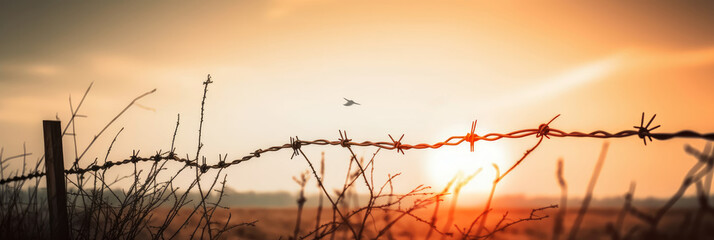 Broken barbed wire in a sunset-themed background - Generative AI