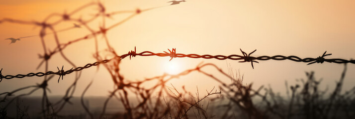 Broken barbed wire in a sunset-themed background - Generative AI
