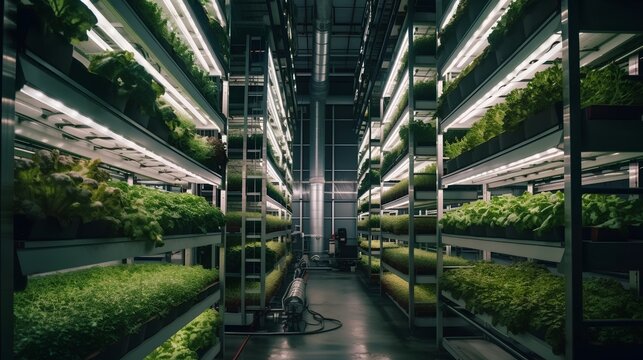 Innovative vertical farm with LED grow lights, showcasing sustainable agriculture and urban farming revolution. Advanced hydroponics and automated systems ensure energy efficiency. Generative AI