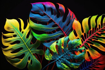 A collection of vibrant and colorful tropical leaves, highlighting the beauty and diversity of plant life in tropical regions. Generative AI