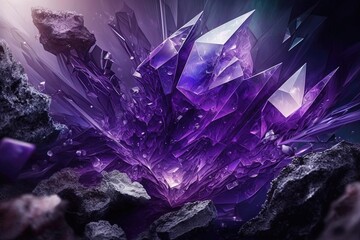 A mystical and enchanting landscape with a stunning purple background adorned with crystals. Generative AI