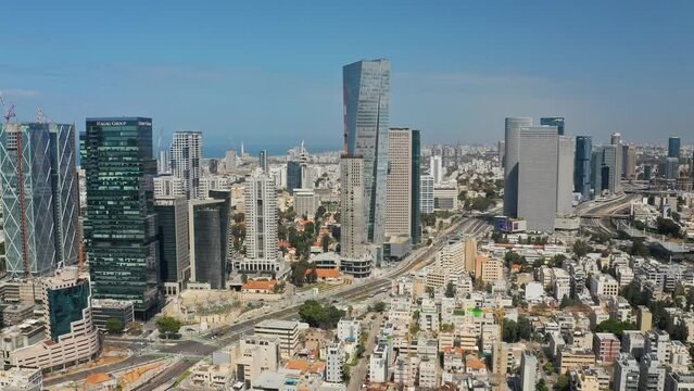 Tel Aviv skyline aerial drone view business city center 4k, Israel 