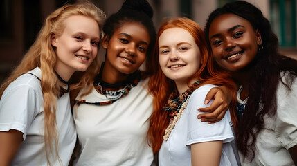 Fototapeta premium Group of female friends of all ethnicities, friendship concept