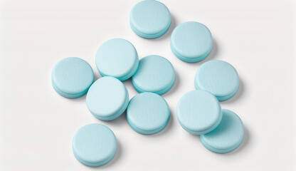 Light blue medicine pills over white background, Generative Ai