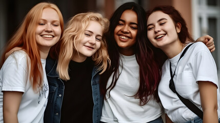 Fototapeta premium Group of female friends of all ethnicities, friendship concept