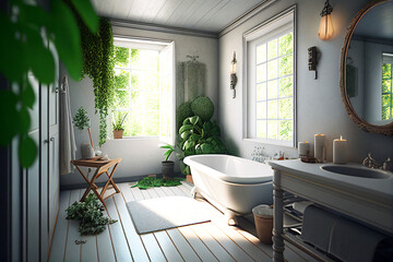 Classic bathroom with bathtub and plants. White walls. Real estate. Renovation company. Home improvement. Home enhancement