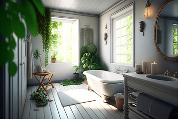 Fototapeta premium Classic bathroom with bathtub and plants. White walls. Real estate. Renovation company. Home improvement. Home enhancement