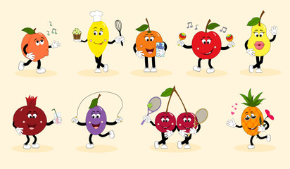 Set of cartoon fruit characters. Apple, pear, pineapple and cherry, lemon and orange, peach, cherry and pomegranate. For stickers, social networks and web pages, postcards and flyers. 