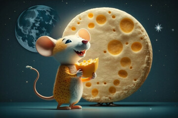Obraz na płótnie Canvas Cute rat or mouse enjoying his big piece of cheese at night with the moon. Funny illustration character. Ai generated