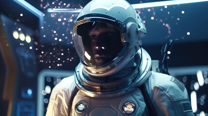 Astronaut in spaceship interior, control panel. generative AI