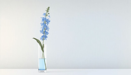 minimalist wallpaper, Delphinium flower in a clear glass vase, off center composition, background, wallpaper - Generative AI