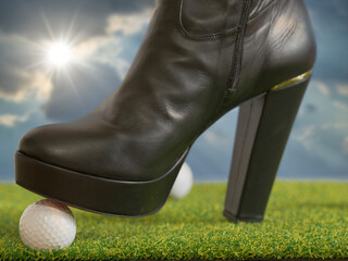 3D illustration of a huge shoe and a golf ball in cloudy weather