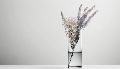 minimalist wallpaper, Heather flower in a clear glass vase, off center composition, background, wallpaper - Generative AI