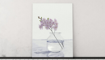 minimalist wallpaper, Cherry blossom flower in a clear glass vase, off center composition, background, wallpaper - Generative AI