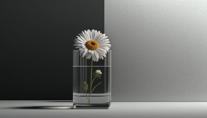 minimalist wallpaper, Daisy flower in a clear glass vase, off center composition, background, wallpaper - Generative AI