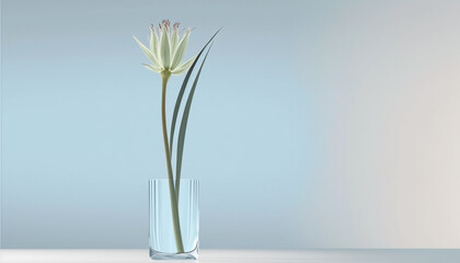 minimalist wallpaper, Yucca flower in a clear glass vase, off center composition, background, wallpaper - Generative AI