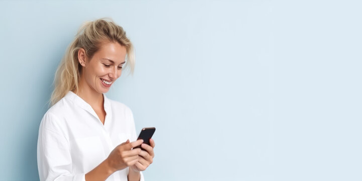 Jeune femme blonde en t-shirt blanc en train de consulter son smartphone, image avec espace pour du texte, fond neutre