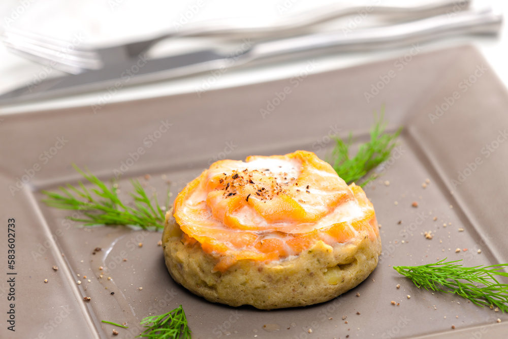 Wall mural salty cake filled with cream cheese served with smoked salmon and dill