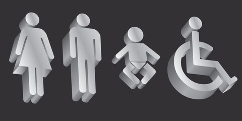 Icons of man, woman, child and handicapped for bathroom doors. Vector symbols.