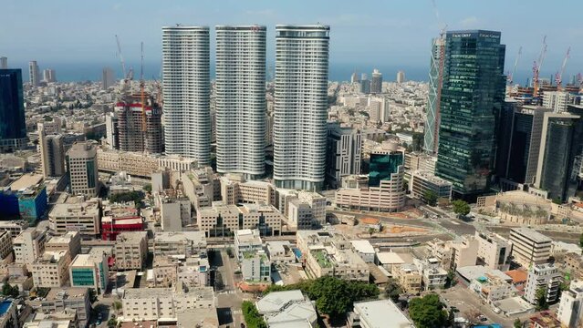Tel Aviv skyline aerial drone view business city center 4k, Israel 