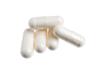 White gel medical capsules, group of vitamin supplement pills or drugs for treatment, isolated on...