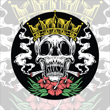 skull head design wearing crown smoking weed and hibiscus flower
