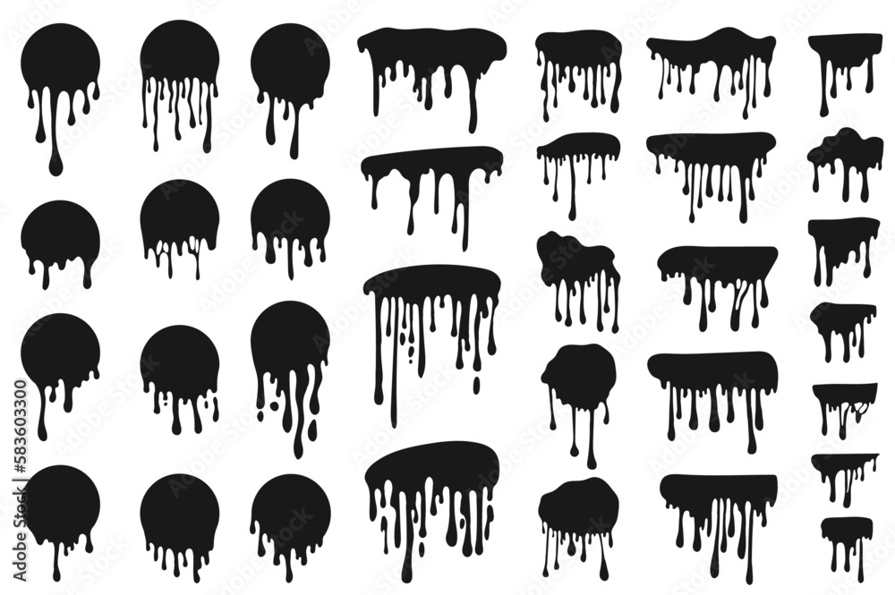 Leinwandbilder Dripping black ink set graphic elements in flat design. Bundle of different spots with flowing drops of round shape and border templates, liquid paint stains. Vector illustration isolated objects