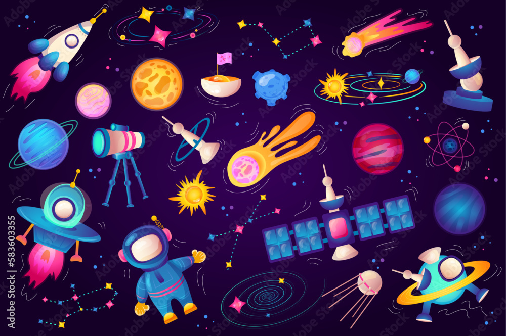 Poster cosmos set graphic elements in flat design. bundle of cute astronaut, spaceships, planets, comets, s