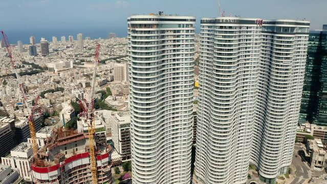 Tel Aviv skyline aerial drone view business city center 4k, Israel 