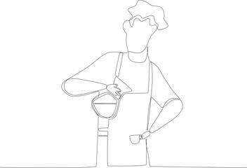 A man pouring coffee. Coffee shop activity one line drawing